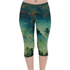 Green Tree Forest Jungle Nature Landscape Velvet Capri Leggings  by Ravend