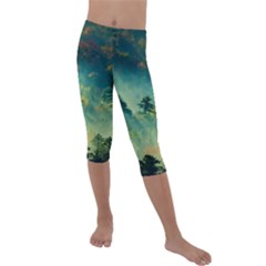 Green Tree Forest Jungle Nature Landscape Kids  Lightweight Velour Capri Leggings  by Ravend