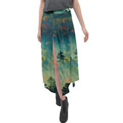 Green Tree Forest Jungle Nature Landscape Velour Split Maxi Skirt by Ravend