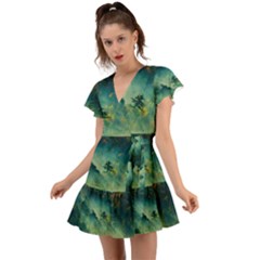 Green Tree Forest Jungle Nature Landscape Flutter Sleeve Wrap Dress by Ravend