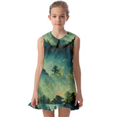 Green Tree Forest Jungle Nature Landscape Kids  Pilgrim Collar Ruffle Hem Dress by Ravend