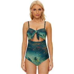 Green Tree Forest Jungle Nature Landscape Knot Front One-piece Swimsuit by Ravend