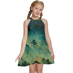 Green Tree Forest Jungle Nature Landscape Kids  Halter Collar Waist Tie Chiffon Dress by Ravend