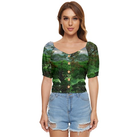 Jungle Forreast Landscape Nature Button Up Blouse by Ravend