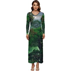 Jungle Forreast Landscape Nature Long Sleeve Longline Maxi Dress by Ravend