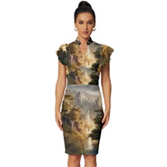 Natural Landscape Nature Vegetation Jungle Vintage Frill Sleeve V-neck Bodycon Dress by Ravend