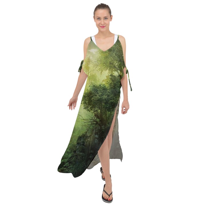 Green Beautiful Jungle Maxi Chiffon Cover Up Dress