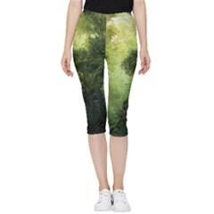 Green Beautiful Jungle Inside Out Lightweight Velour Capri Leggings  by Ravend