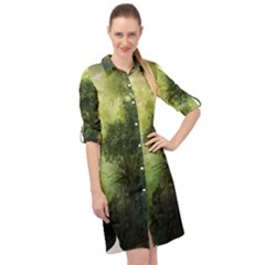 Green Beautiful Jungle Long Sleeve Mini Shirt Dress