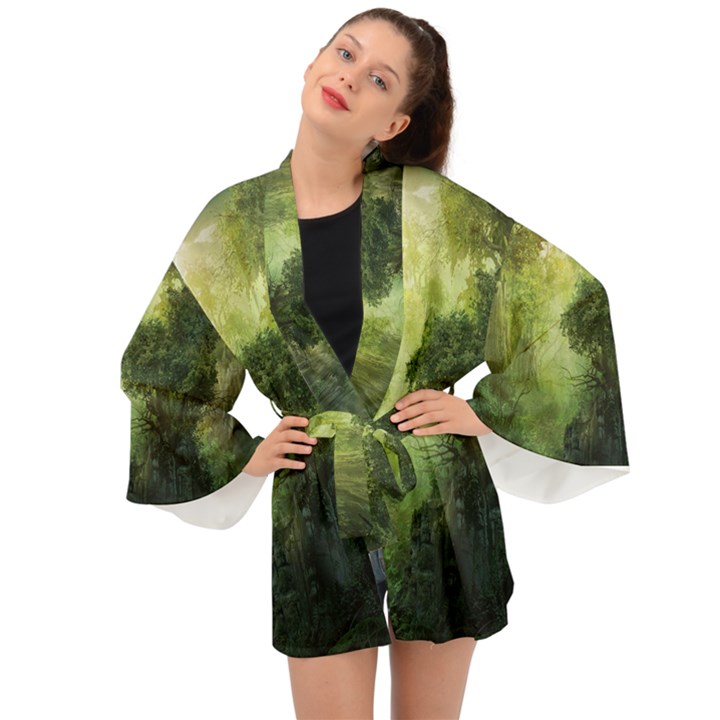 Green Beautiful Jungle Long Sleeve Kimono