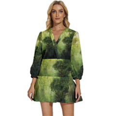 Green Beautiful Jungle V-neck Placket Mini Dress by Ravend