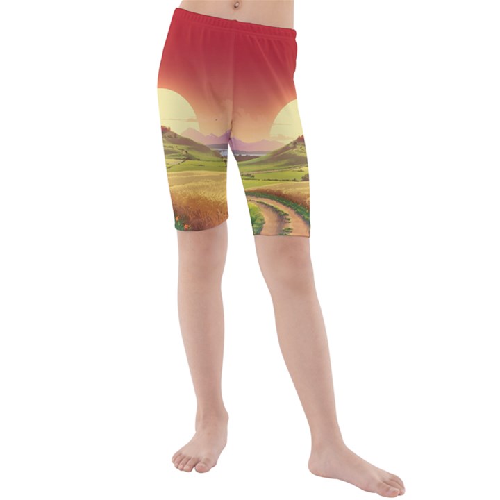 Landscape Sunset Orange Sky Pathway Art Kids  Mid Length Swim Shorts