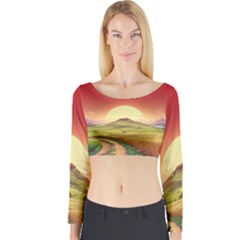 Landscape Sunset Orange Sky Pathway Art Long Sleeve Crop Top