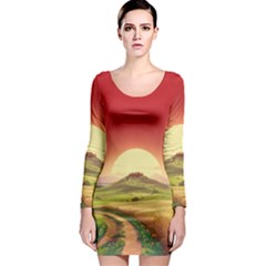 Landscape Sunset Orange Sky Pathway Art Long Sleeve Bodycon Dress by Ravend