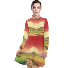 Landscape Sunset Orange Sky Pathway Art Long Sleeve Chiffon Shirt Dress by Ravend