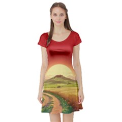 Landscape Sunset Orange Sky Pathway Art Short Sleeve Skater Dress by Ravend