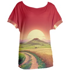 Landscape Sunset Orange Sky Pathway Art Women s Oversized Tee by Ravend