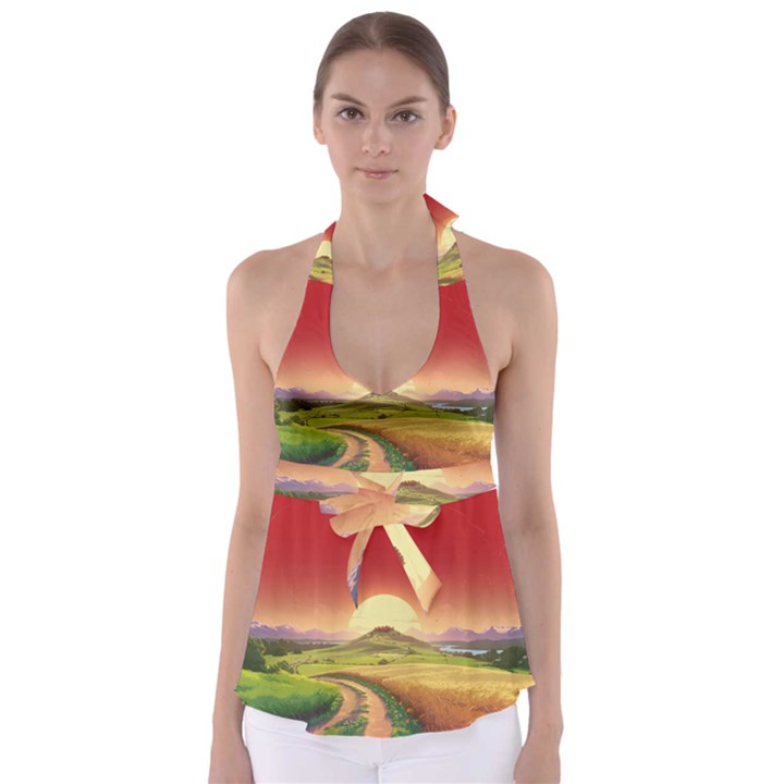 Landscape Sunset Orange Sky Pathway Art Babydoll Tankini Top