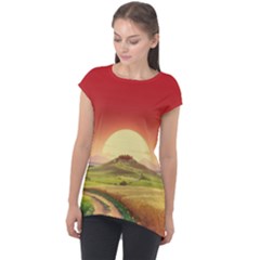 Landscape Sunset Orange Sky Pathway Art Cap Sleeve High Low Top by Ravend