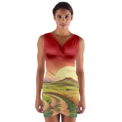 Landscape Sunset Orange Sky Pathway Art Wrap Front Bodycon Dress by Ravend