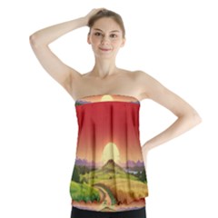 Landscape Sunset Orange Sky Pathway Art Strapless Top by Ravend