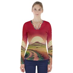 Landscape Sunset Orange Sky Pathway Art V-neck Long Sleeve Top by Ravend