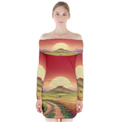 Landscape Sunset Orange Sky Pathway Art Long Sleeve Off Shoulder Dress by Ravend