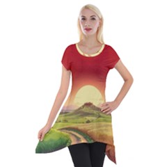 Landscape Sunset Orange Sky Pathway Art Short Sleeve Side Drop Tunic by Ravend