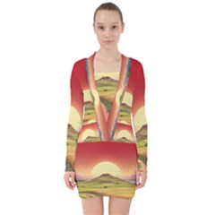 Landscape Sunset Orange Sky Pathway Art V-neck Bodycon Long Sleeve Dress by Ravend