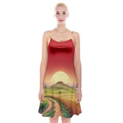 Landscape Sunset Orange Sky Pathway Art Spaghetti Strap Velvet Dress by Ravend