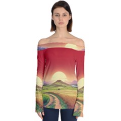 Landscape Sunset Orange Sky Pathway Art Off Shoulder Long Sleeve Top by Ravend