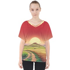 Landscape Sunset Orange Sky Pathway Art V-neck Dolman Drape Top by Ravend