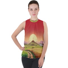 Landscape Sunset Orange Sky Pathway Art Mock Neck Chiffon Sleeveless Top by Ravend