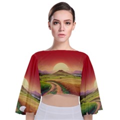 Landscape Sunset Orange Sky Pathway Art Tie Back Butterfly Sleeve Chiffon Top by Ravend