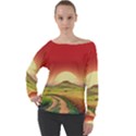 Landscape Sunset Orange Sky Pathway Art Off Shoulder Long Sleeve Velour Top View1