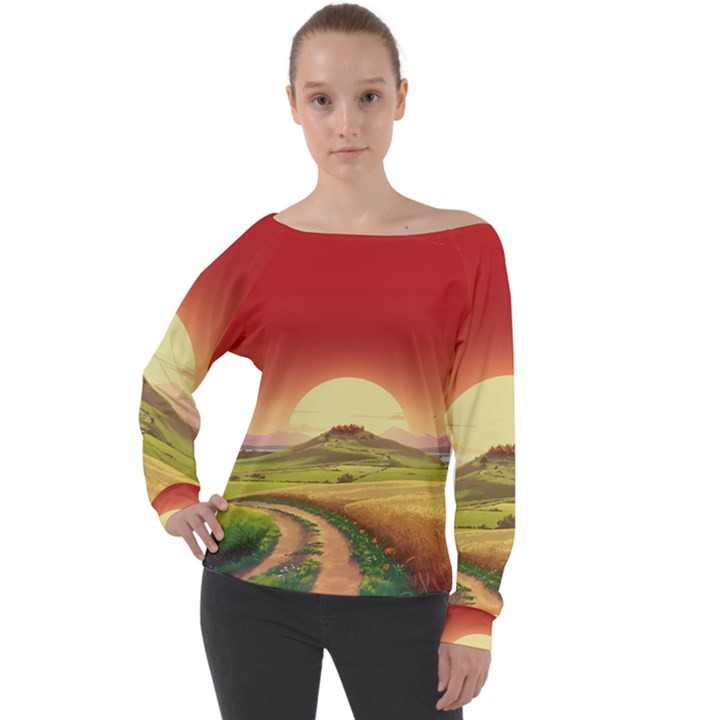 Landscape Sunset Orange Sky Pathway Art Off Shoulder Long Sleeve Velour Top