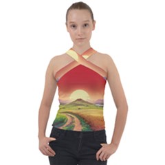 Landscape Sunset Orange Sky Pathway Art Cross Neck Velour Top by Ravend