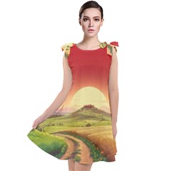 Landscape Sunset Orange Sky Pathway Art Tie Up Tunic Dress by Ravend