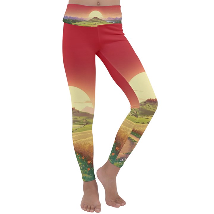 Landscape Sunset Orange Sky Pathway Art Kids  Lightweight Velour Classic Yoga Leggings