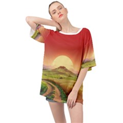 Landscape Sunset Orange Sky Pathway Art Oversized Chiffon Top by Ravend