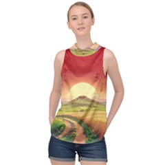 Landscape Sunset Orange Sky Pathway Art High Neck Satin Top by Ravend