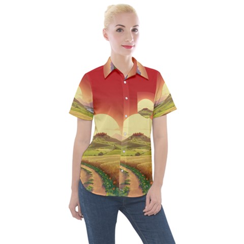 Landscape Sunset Orange Sky Pathway Art Women s Short Sleeve Pocket Shirt by Ravend