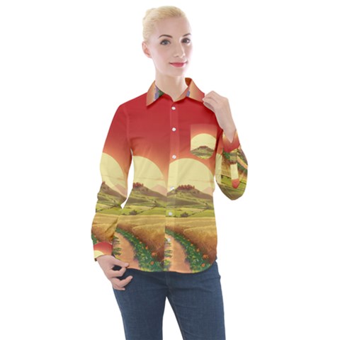 Landscape Sunset Orange Sky Pathway Art Women s Long Sleeve Pocket Shirt by Ravend