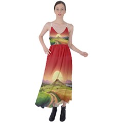 Landscape Sunset Orange Sky Pathway Art Tie Back Maxi Dress by Ravend