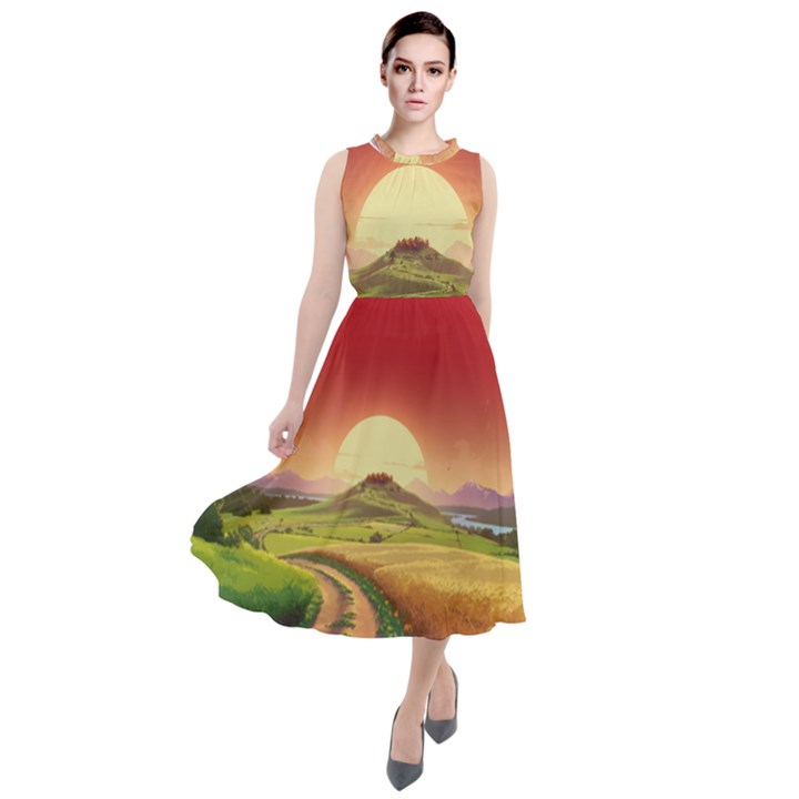 Landscape Sunset Orange Sky Pathway Art Round Neck Boho Dress