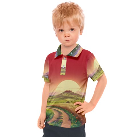 Landscape Sunset Orange Sky Pathway Art Kids  Polo Tee by Ravend