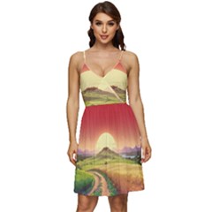 Landscape Sunset Orange Sky Pathway Art V-neck Pocket Summer Dress  by Ravend