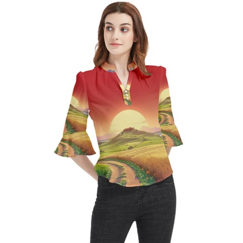 Landscape Sunset Orange Sky Pathway Art Loose Horn Sleeve Chiffon Blouse by Ravend