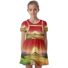 Landscape Sunset Orange Sky Pathway Art Kids  Short Sleeve Pinafore Style Dress by Ravend