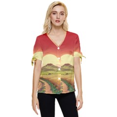 Landscape Sunset Orange Sky Pathway Art Bow Sleeve Button Up Top by Ravend